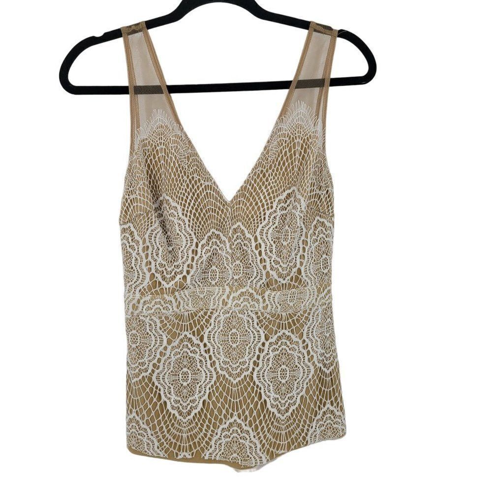 Luxxel Mesh Lace Sleeveless‎ Top Blouse M White V-neck Peplum Upcycled Clubbing